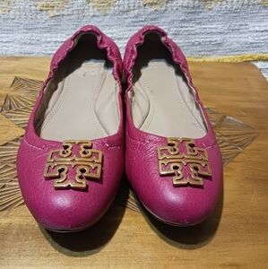 Tory Burch Pink Flats with Gold Logo